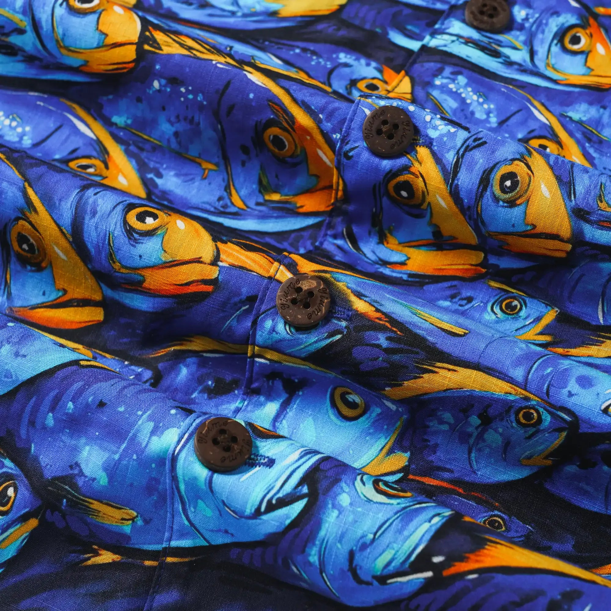 Men's Hawaiian Shirt Short Sleeve Camp Collar 100% Cotton Blue Aloha Ocean Fish Symphony
