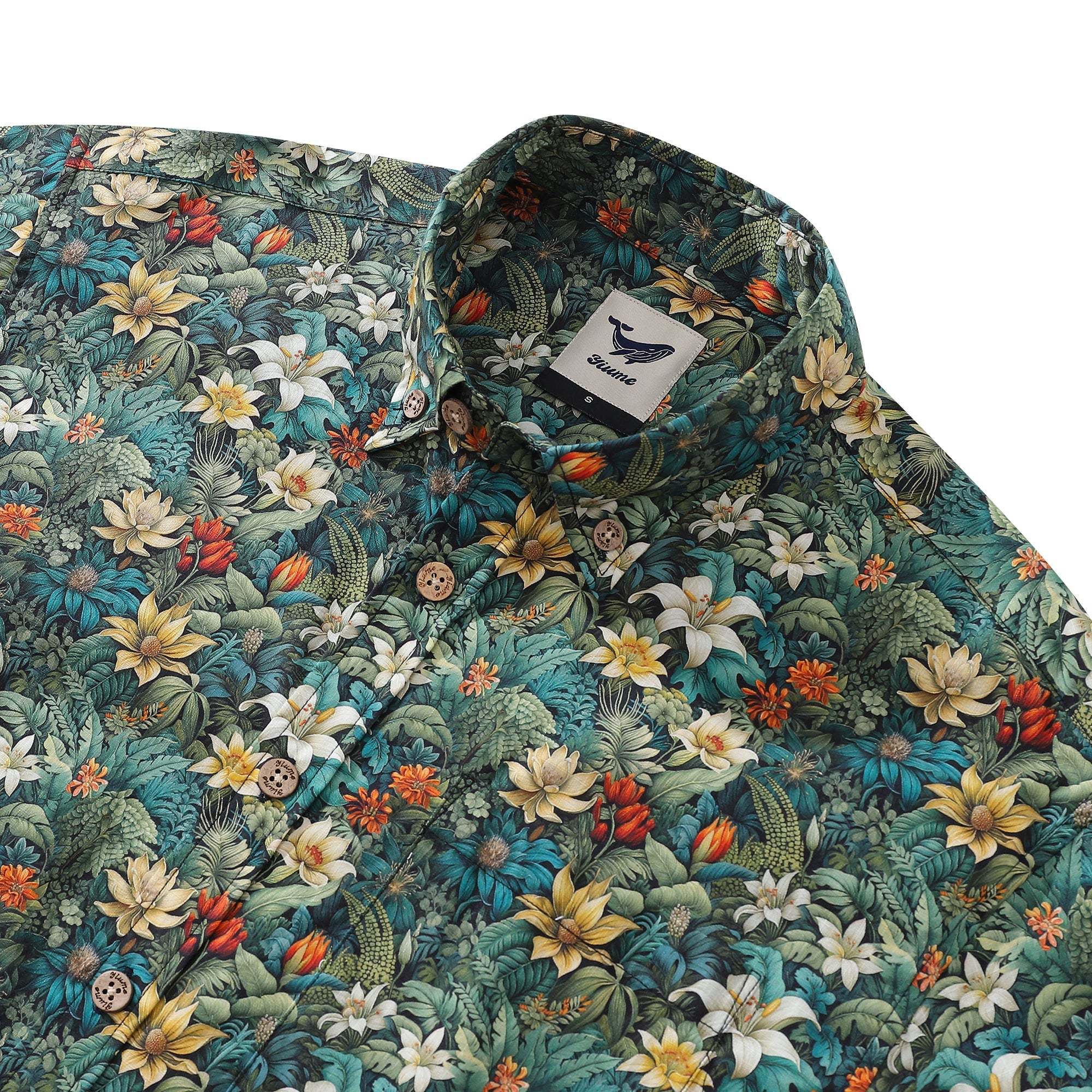 Men's Tropical Hawaiian Shirt Green Cotton Button-down Short Sleeve Aloha Shirt Jungle Adventure