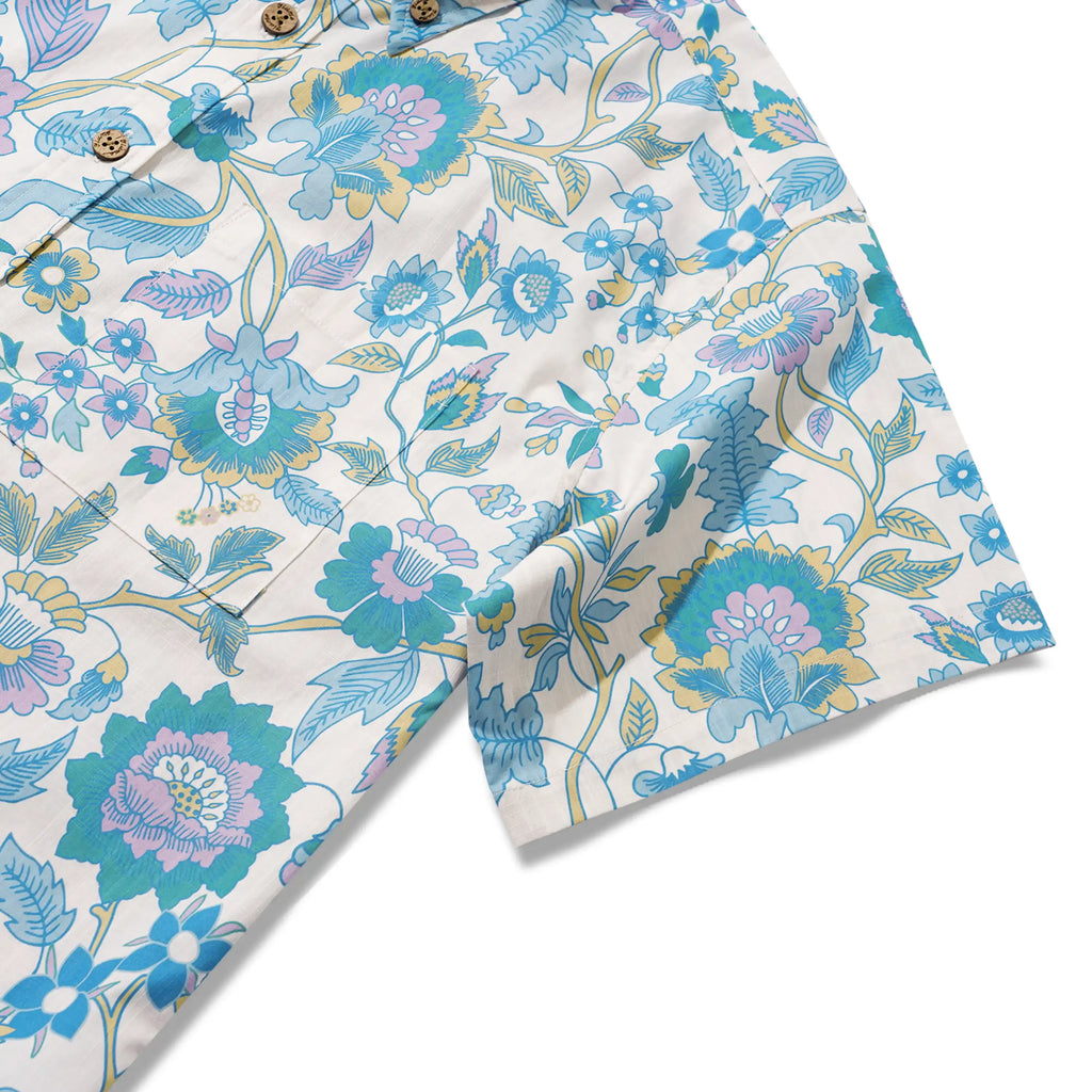 Men's Hawaiian Shirt Short Sleeve Button-down 100% Cotton Blue Aloha Farmhouse Italian Florals By Aqua Bubble