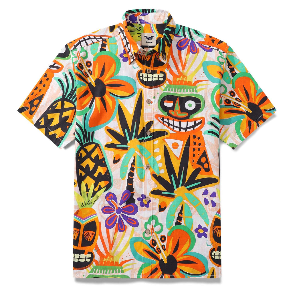 Hawaiian Shirt For Men Tropical Tiki Button-down Shirt Short Sleeve 100% Cotton Shirt Tropical Tiki Charm