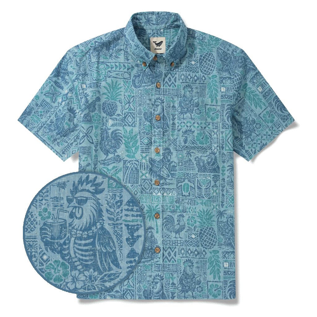 Men's Hawaiian Shirt Short Sleeve Button-down 100% Cotton Blue Rooster Aloha The Bone Voyage