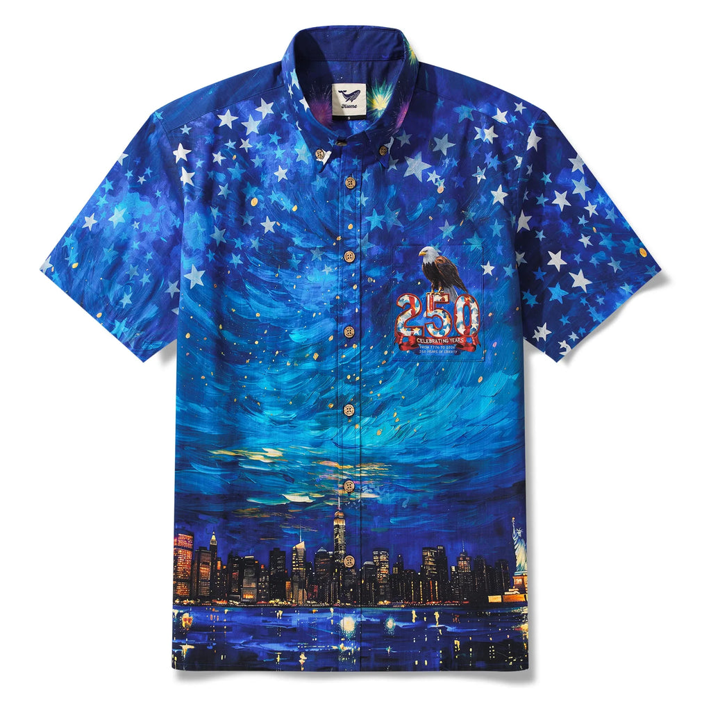 America 250 Men's Hawaiian Shirt Short Sleeve Button-down 100% Cotton Blue Aloha Starry Night Fireworks 250 Celebration