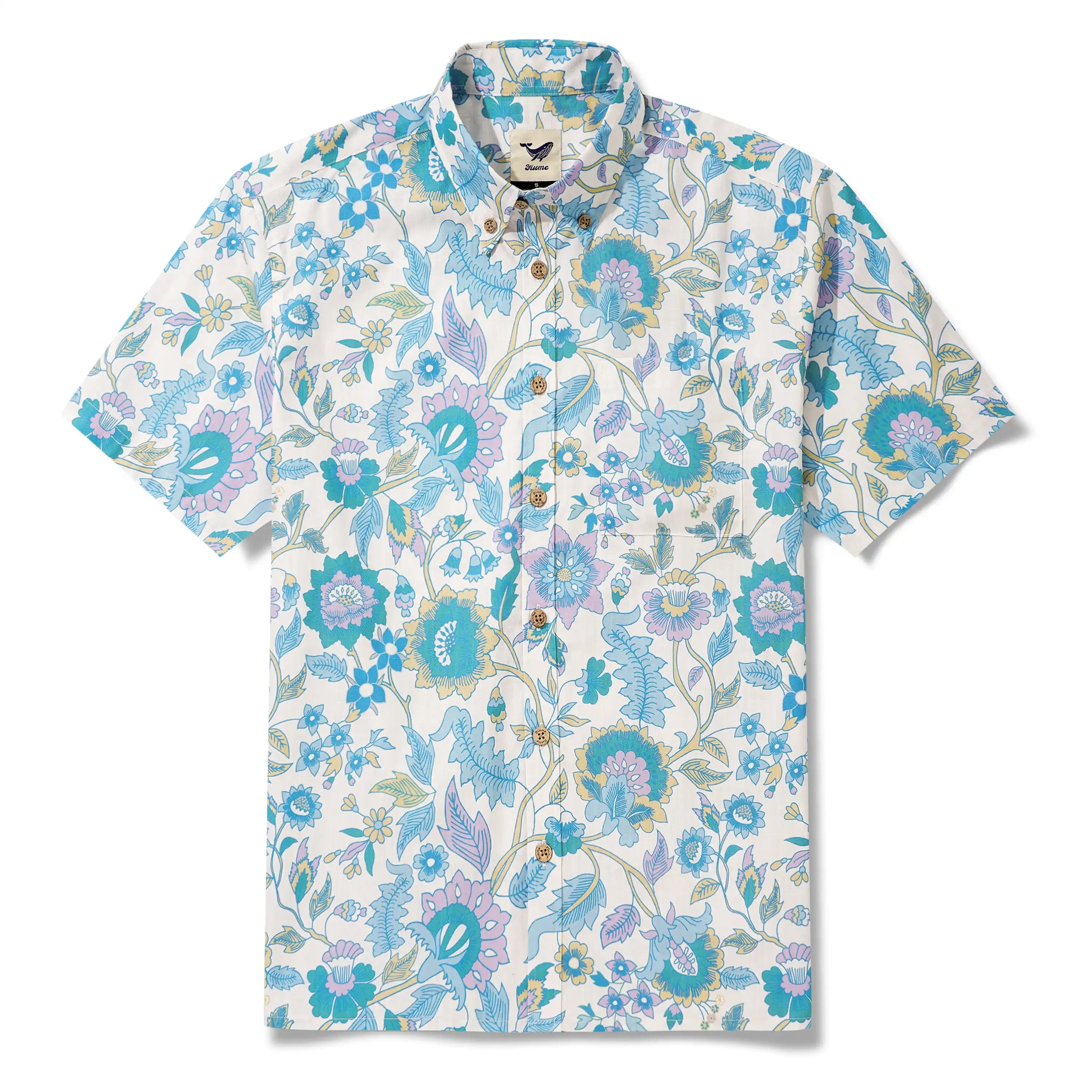 Men's Hawaiian Shirt Short Sleeve Button-down 100% Cotton Blue Aloha Farmhouse Italian Florals By Aqua Bubble