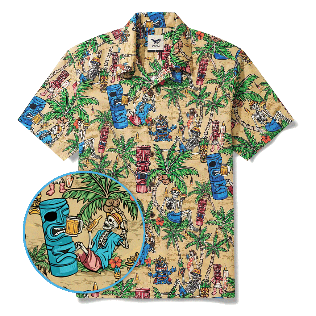 Men's Hawaiian Shirt Short Sleeve Camp Collar 100% Cotton Green Aloha Tiki Seaside Bash