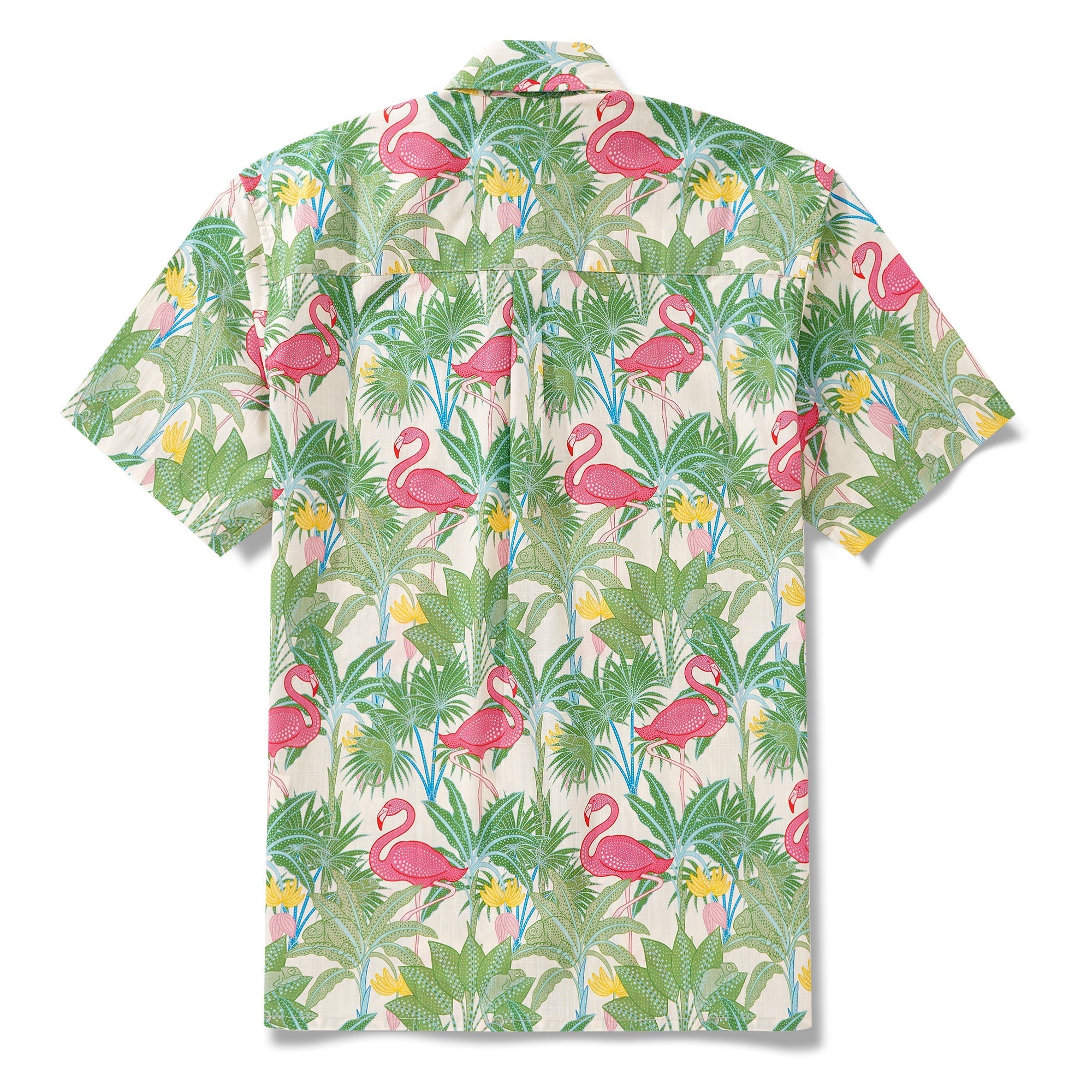 Men's Hawaiian Shirt Short Sleeve Button-down 100% Cotton Beige Aloha Flamingos & Chameleons By House of Haricot