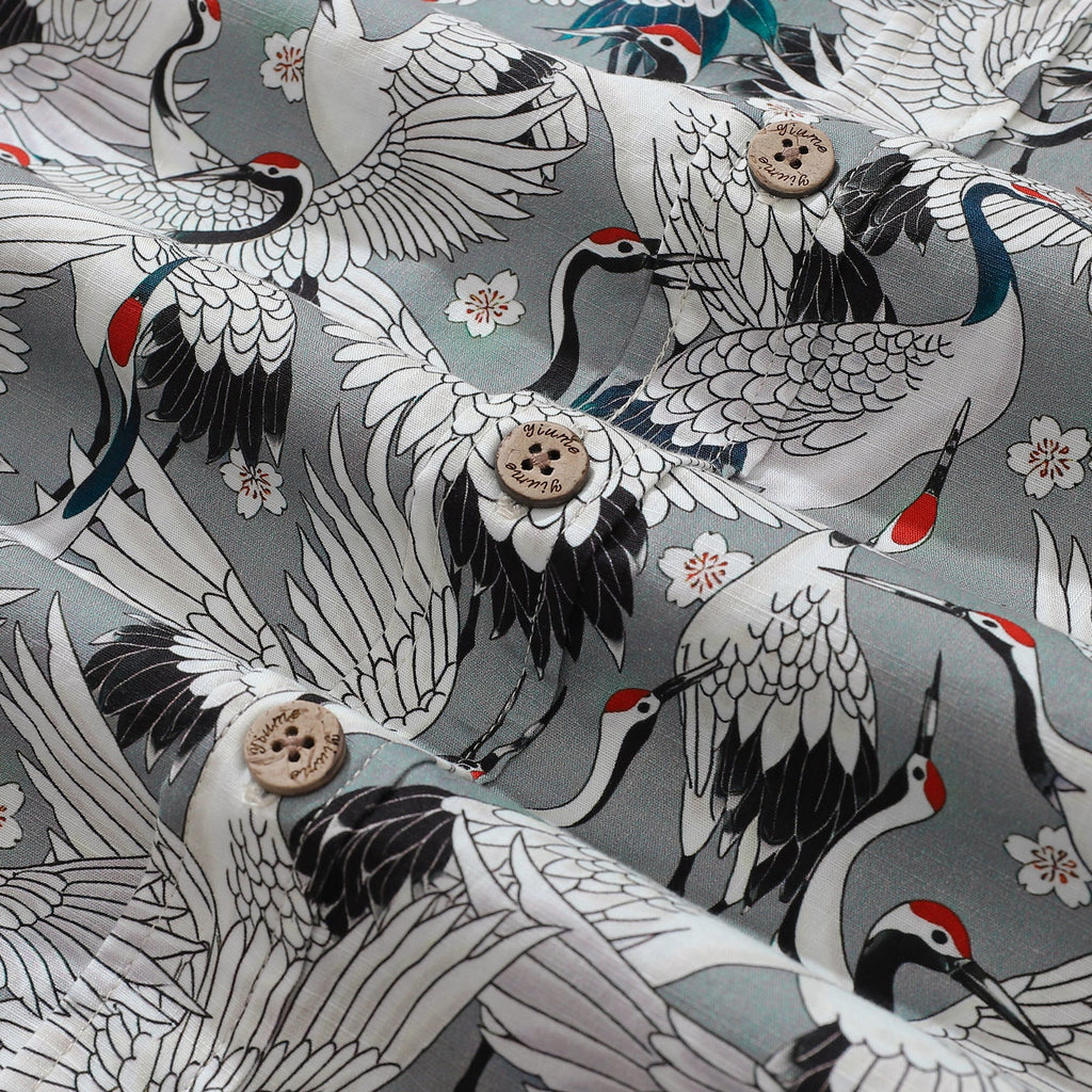Men's Hawaiian Shirt Short Sleeve Button-down 100% Cotton Gray Aloha The Feast Of Cranes