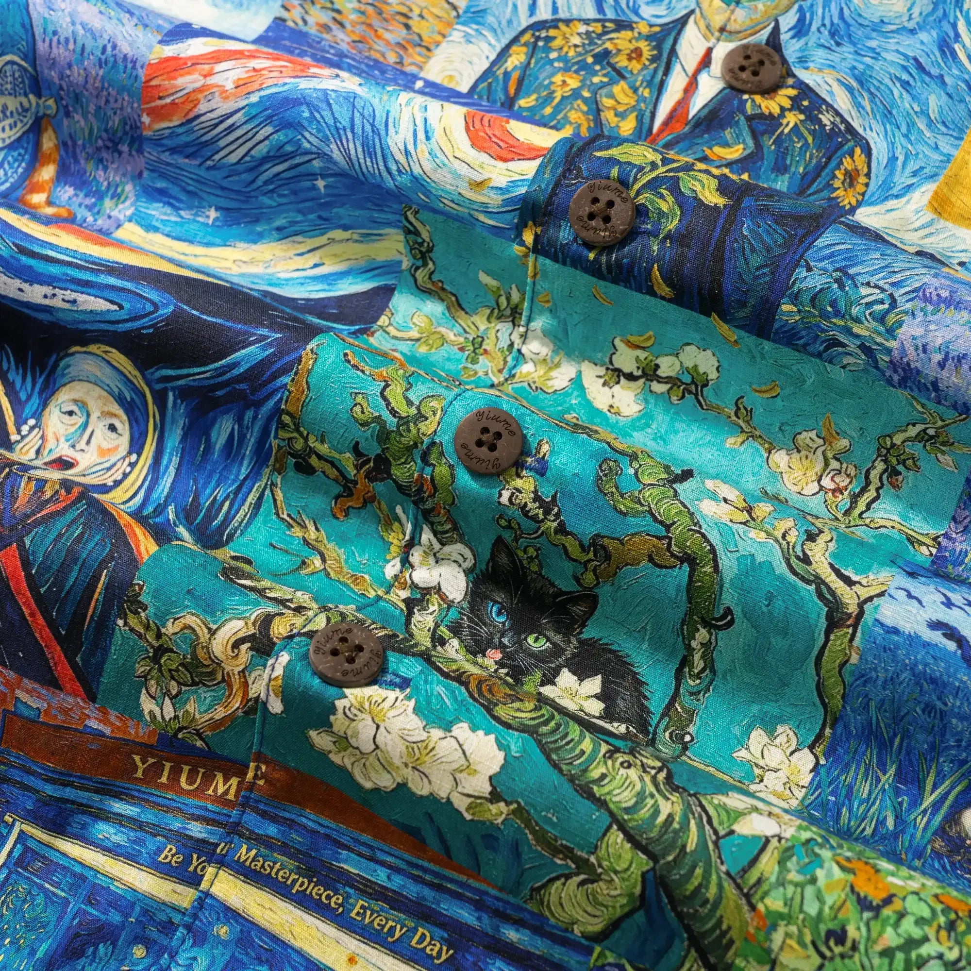 Men's Hawaiian Shirt Short Sleeve Camp Collar 100% Cotton Blue Aloha Starry Night Cat Fantasy