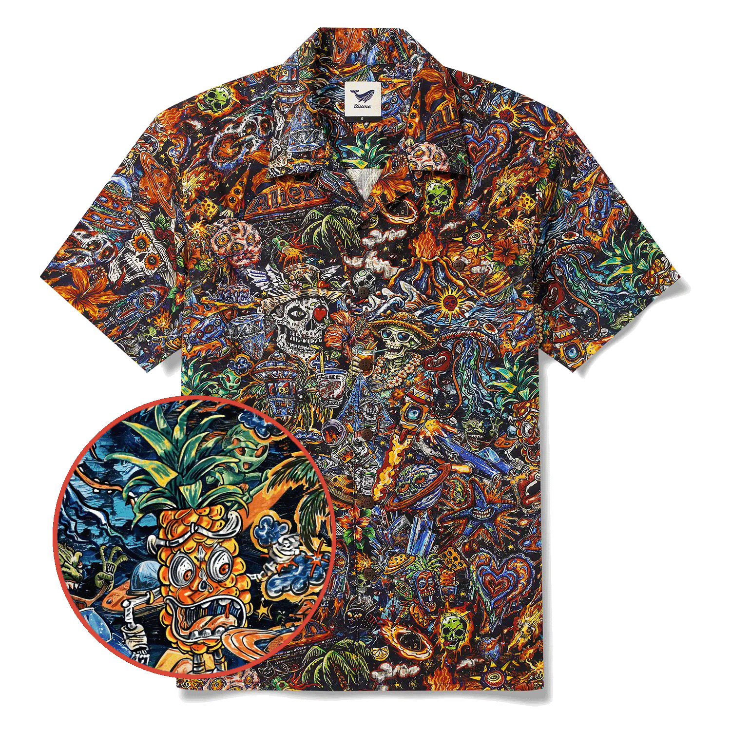 Men's Hawaiian Shirt Short Sleeve Camp Collar 100% Cotton Red Aloha Intergalactic Luau Graffiti