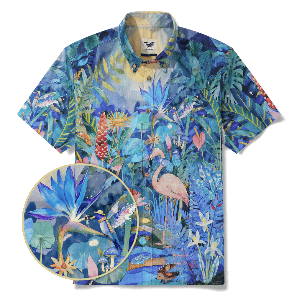 Flamingos Men's Hawaiian Shirt Short Sleeve Button-down 100% Cotton Blue Aloha Magical Jungle Adventure