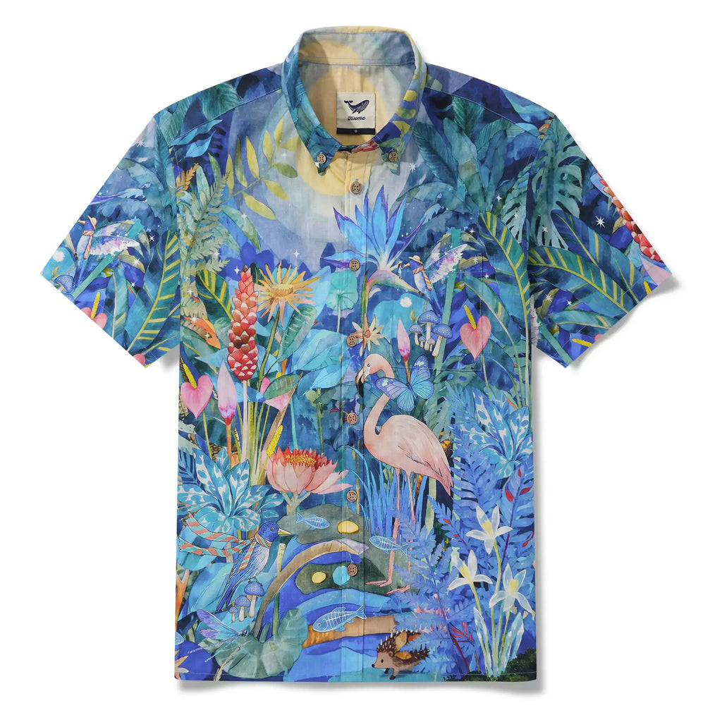 Flamingos Men's Hawaiian Shirt Short Sleeve Button-down 100% Cotton Blue Aloha Magical Jungle Adventure