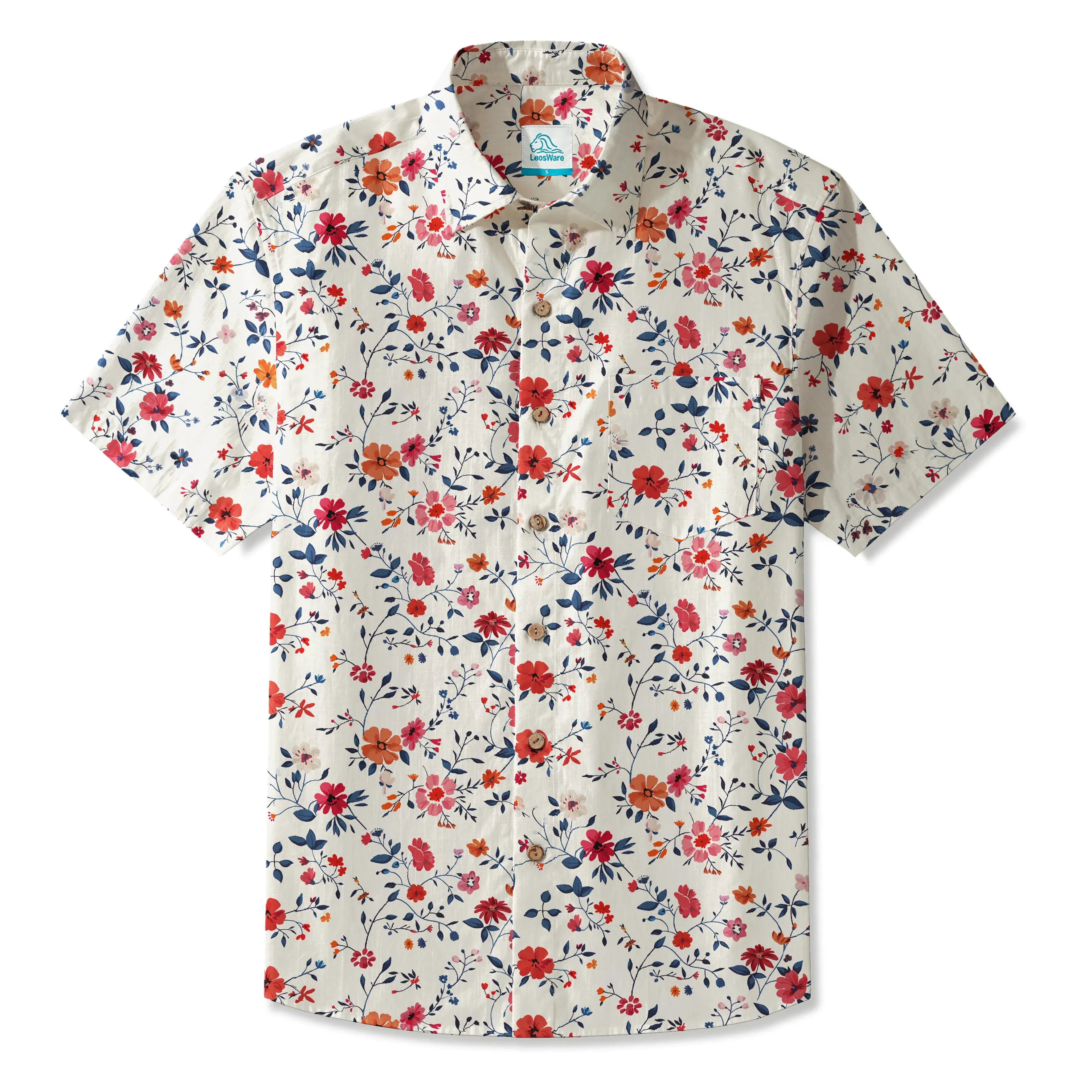 LeosWare® Men's Hawaiian Shirt Short Sleeve Button-up 100% Cotton Blue Aloha Joyful Garden