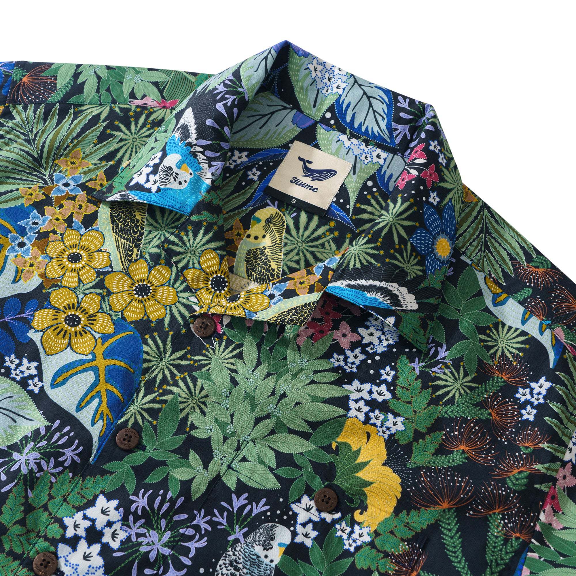 Yiume Tropical Hawaiian Shirt For Men 100% Cotton Short Sleeve Green Camp Collar Parrot Aloha Shirt Parrot's Garden