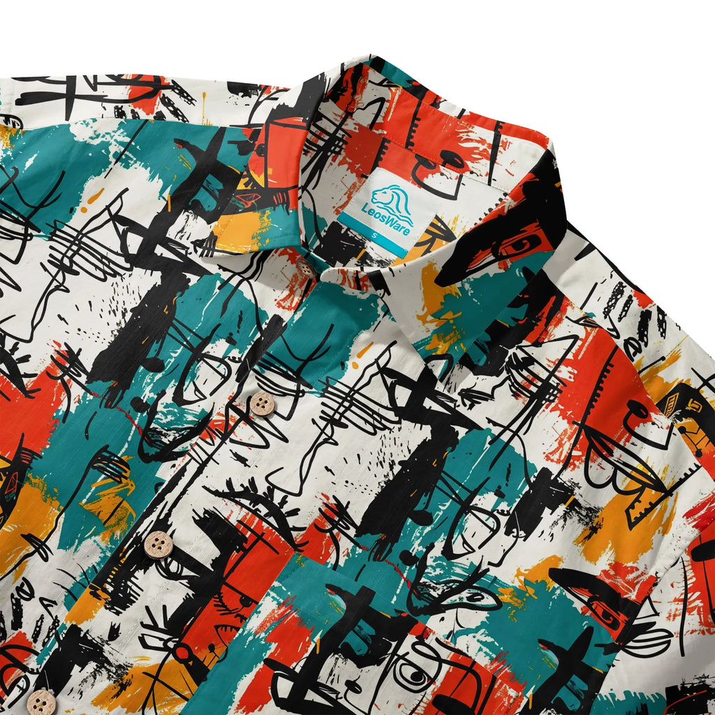 LeosWare® Men's Hawaiian Shirt Short Sleeve Button-up 100% Cotton Aloha Face Doodle