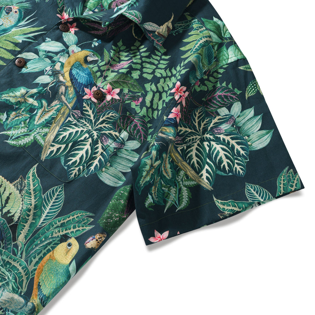 Green Hawaiian Shirt Vintage Tropical Parrot Shirt Men's 100% Cotton Short Sleeve Camp Collar Aloha Shirt