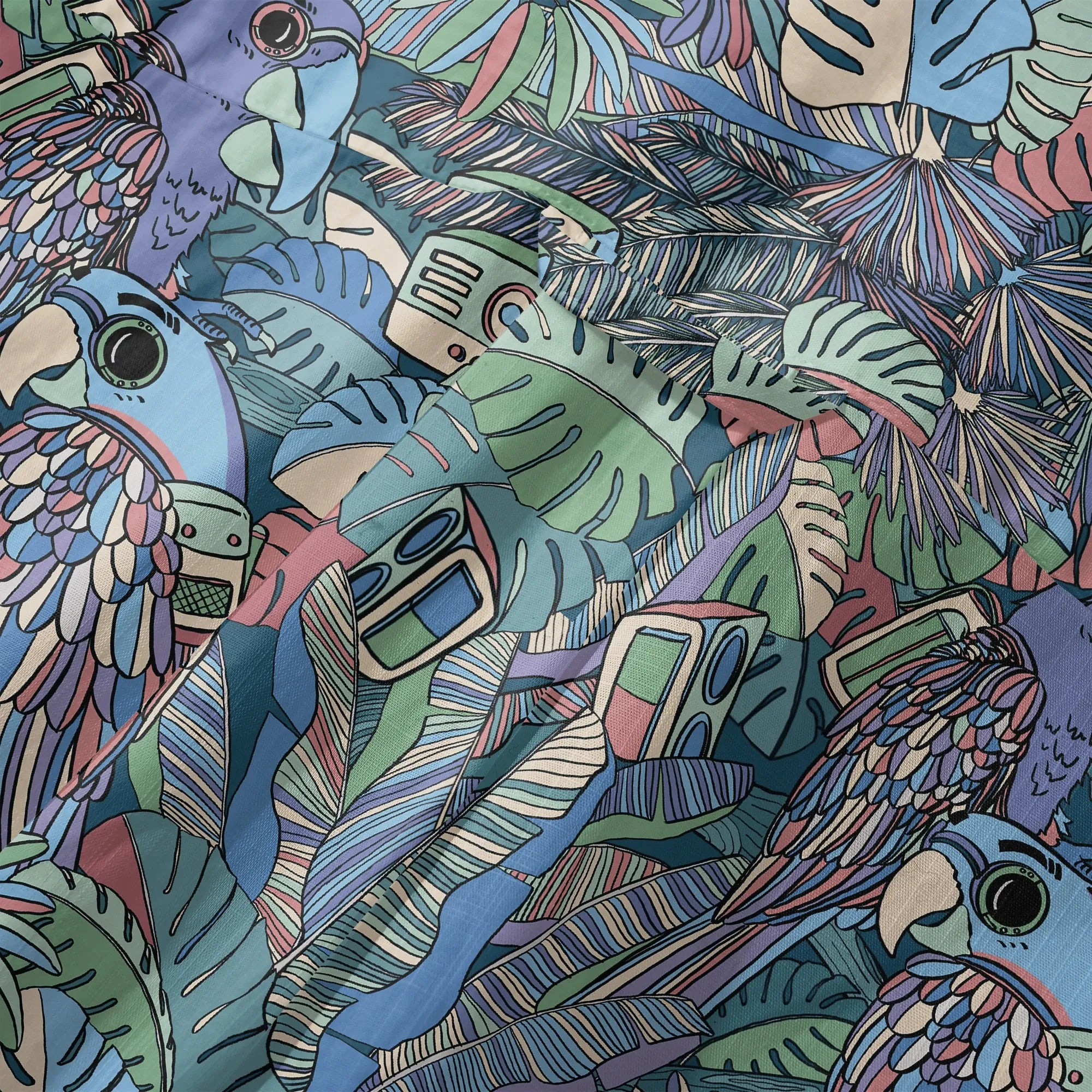LeosWare® Men's Hawaiian Shirt Short Sleeve Button-up 100% Cotton Blue Aloha Parrot In The Enchanted Forest