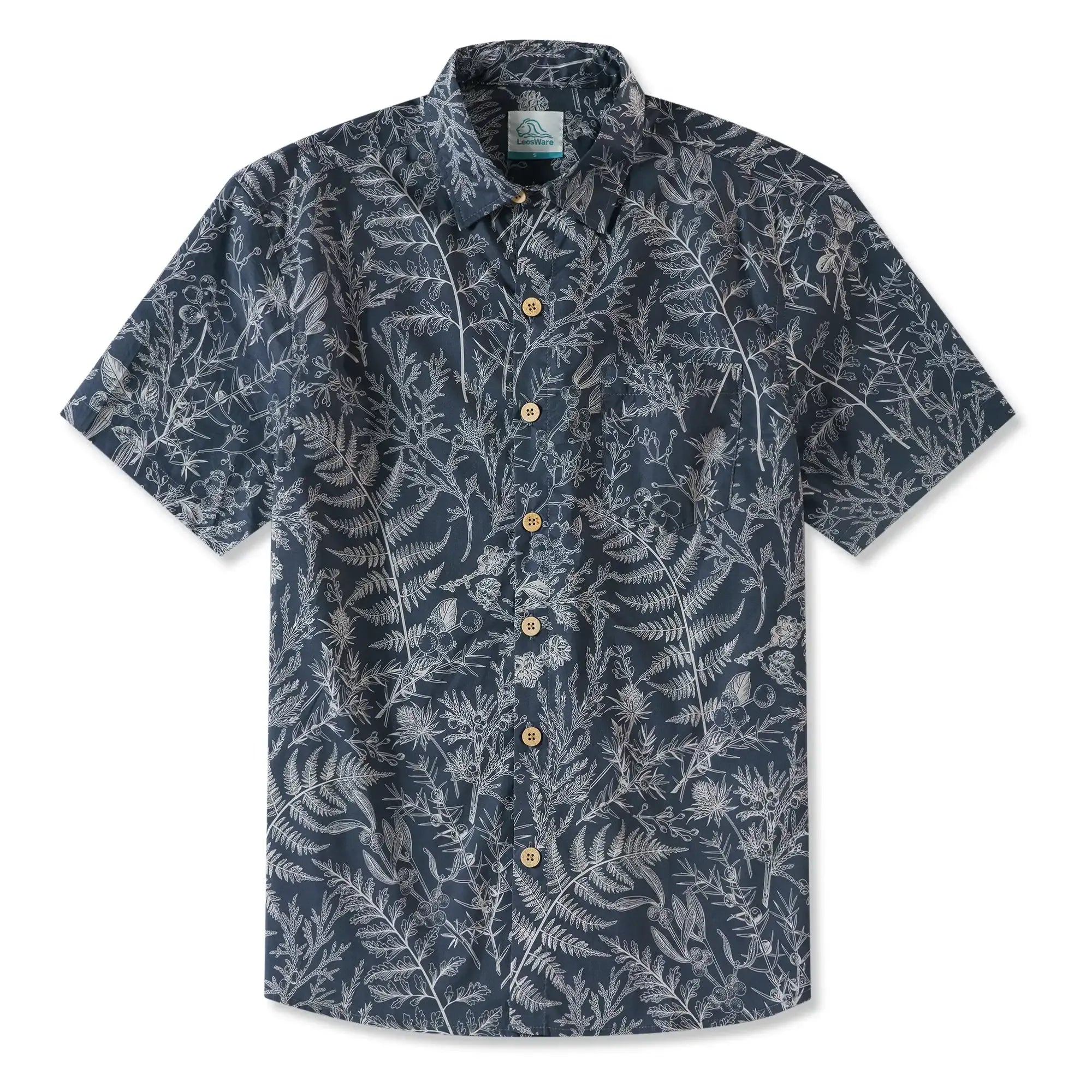 LeosWare® Men's Hawaiian Shirt Short Sleeve Button-up 100% Cotton Blue Aloha Enchanted Fern Grove Journal