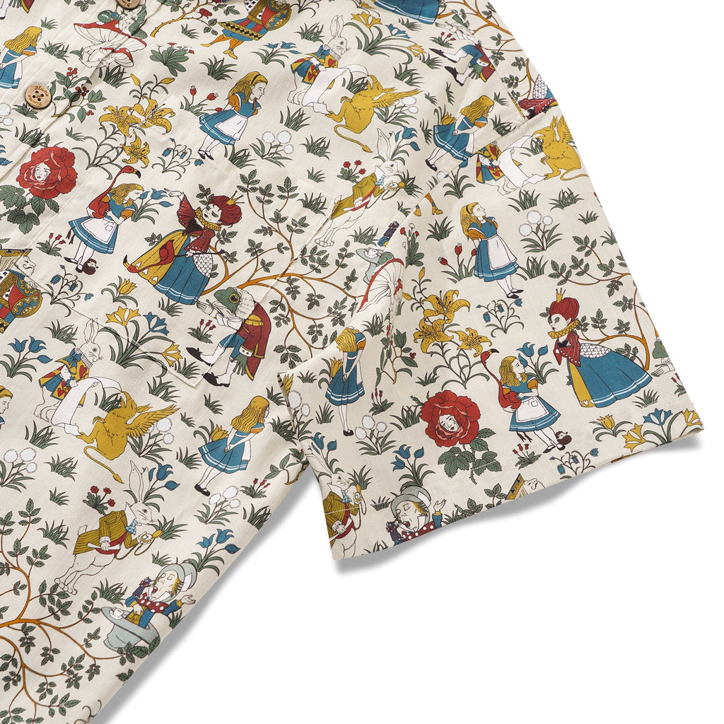 Men's Hawaiian Shirt Short Sleeve Button-down 100% Cotton Beige Aloha Alice's Wonderland