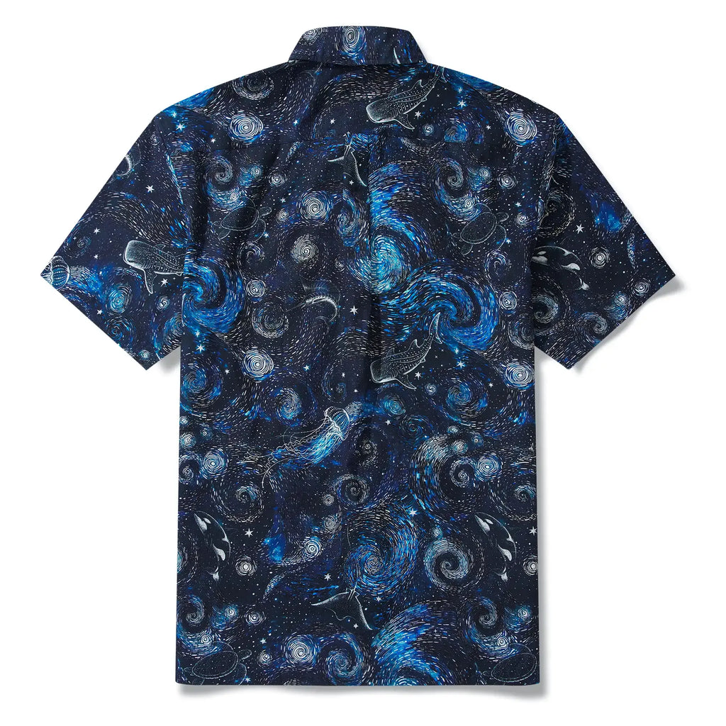 Men's Hawaiian Shirt Short Sleeve Button-down 100% Cotton Blue Aloha Dreams Of The Starry Sea Jellyfish Whale
