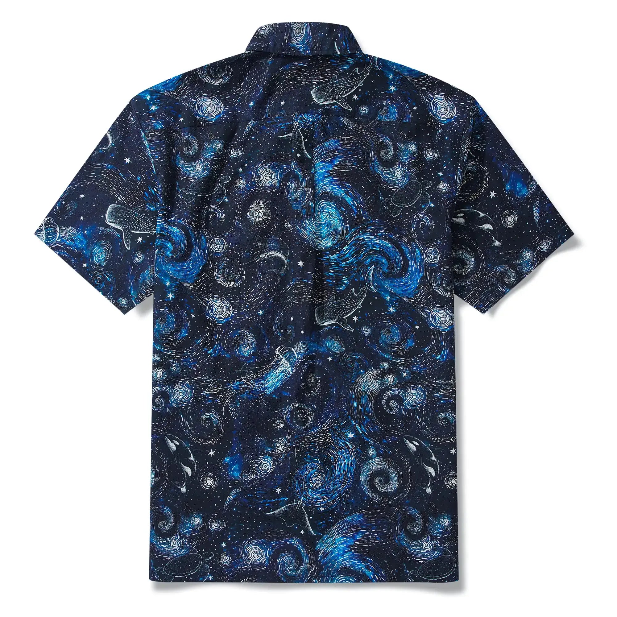 Men's Hawaiian Shirt Short Sleeve Button-down 100% Cotton Blue Aloha Dreams Of The Starry Sea Jellyfish Whale
