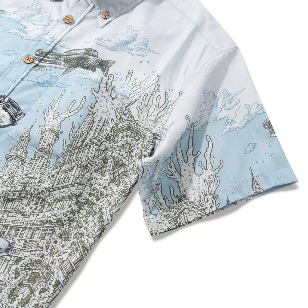 Men's Hawaiian Shirt Short Sleeve Button-down 100% Cotton Blue Aloha Atlantis Coral Cruisers