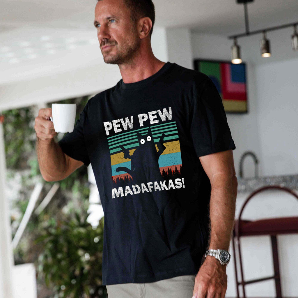 Hawaiian Tee For Men Pew Pew Madafakas Cat Tee Crew Neck 100% Cotton