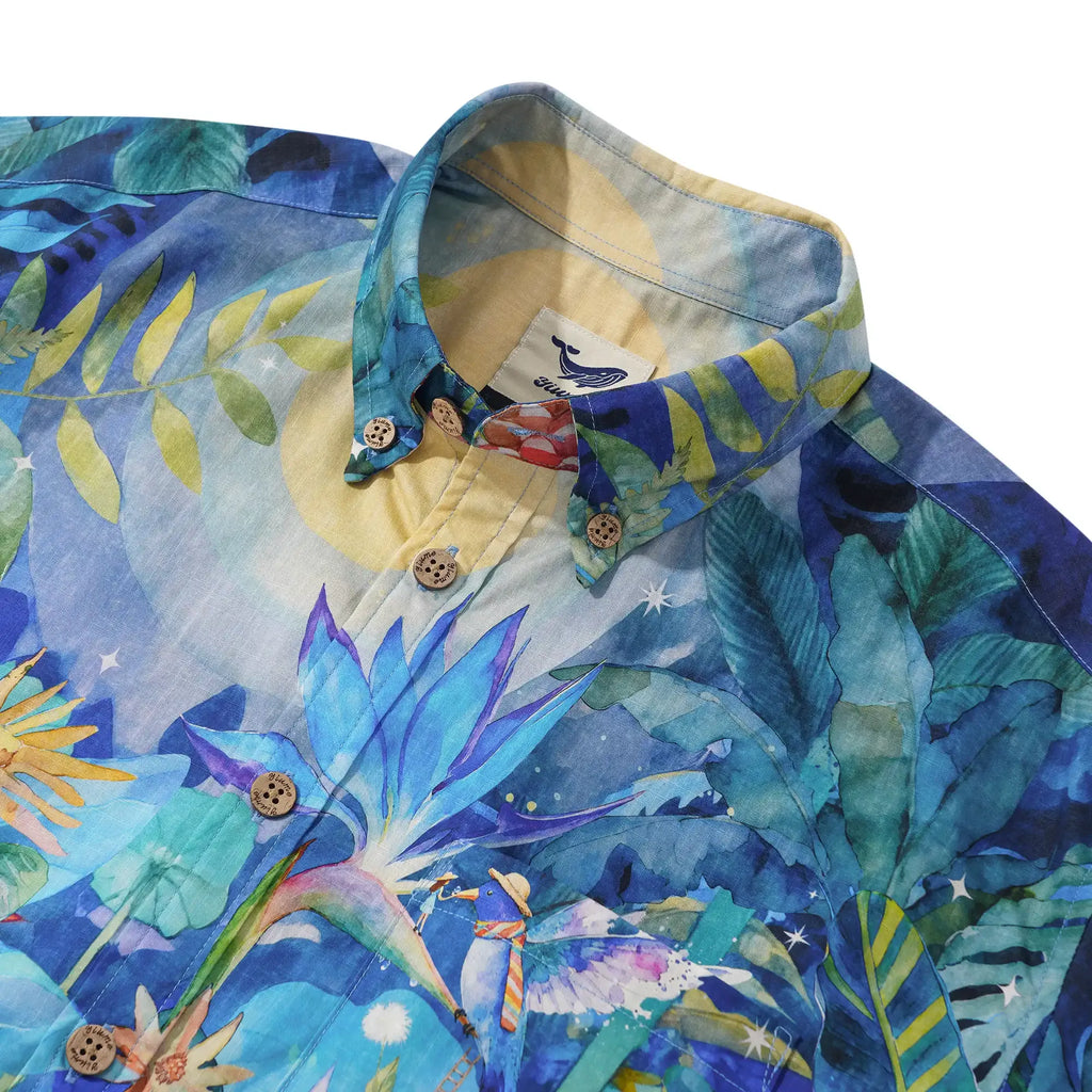 Flamingos Men's Hawaiian Shirt Short Sleeve Button-down 100% Cotton Blue Aloha Magical Jungle Adventure