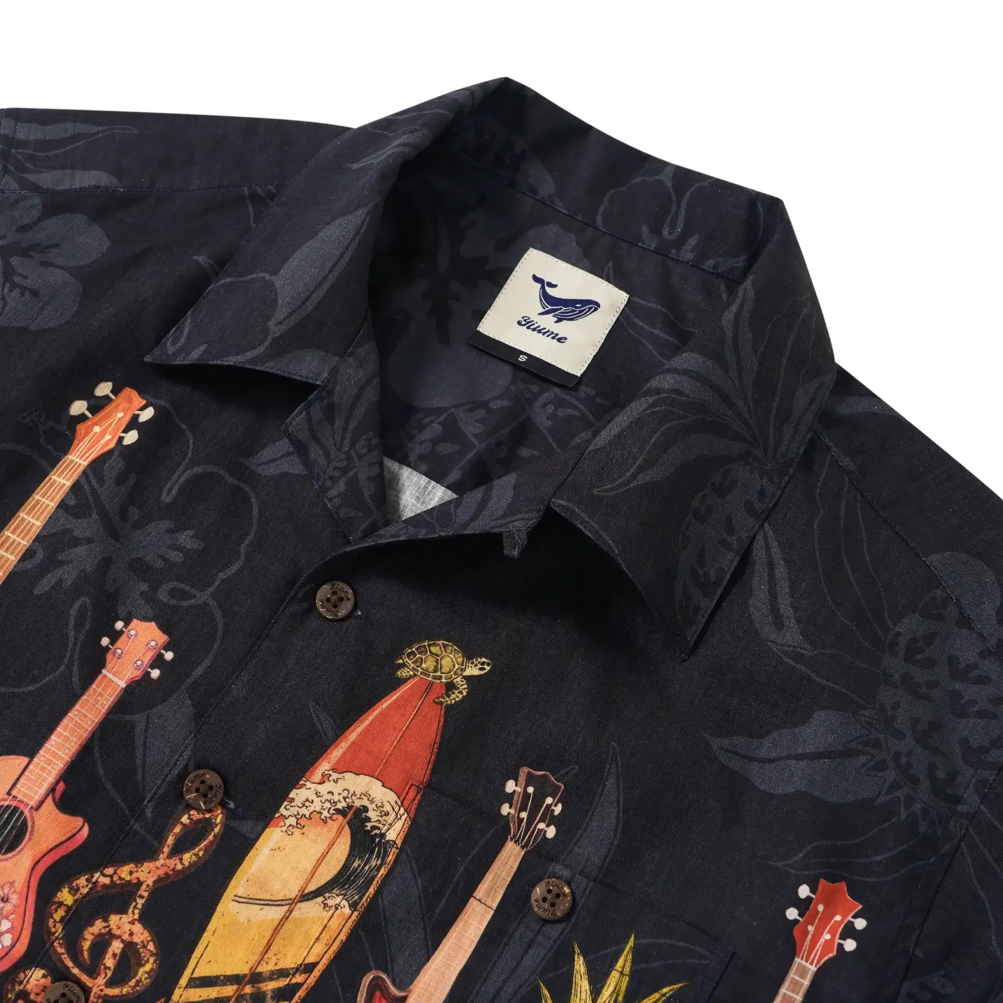 Music Men's Hawaiian Shirt Short Sleeve Camp Collar 100% Cotton Black Aloha Island Serenade