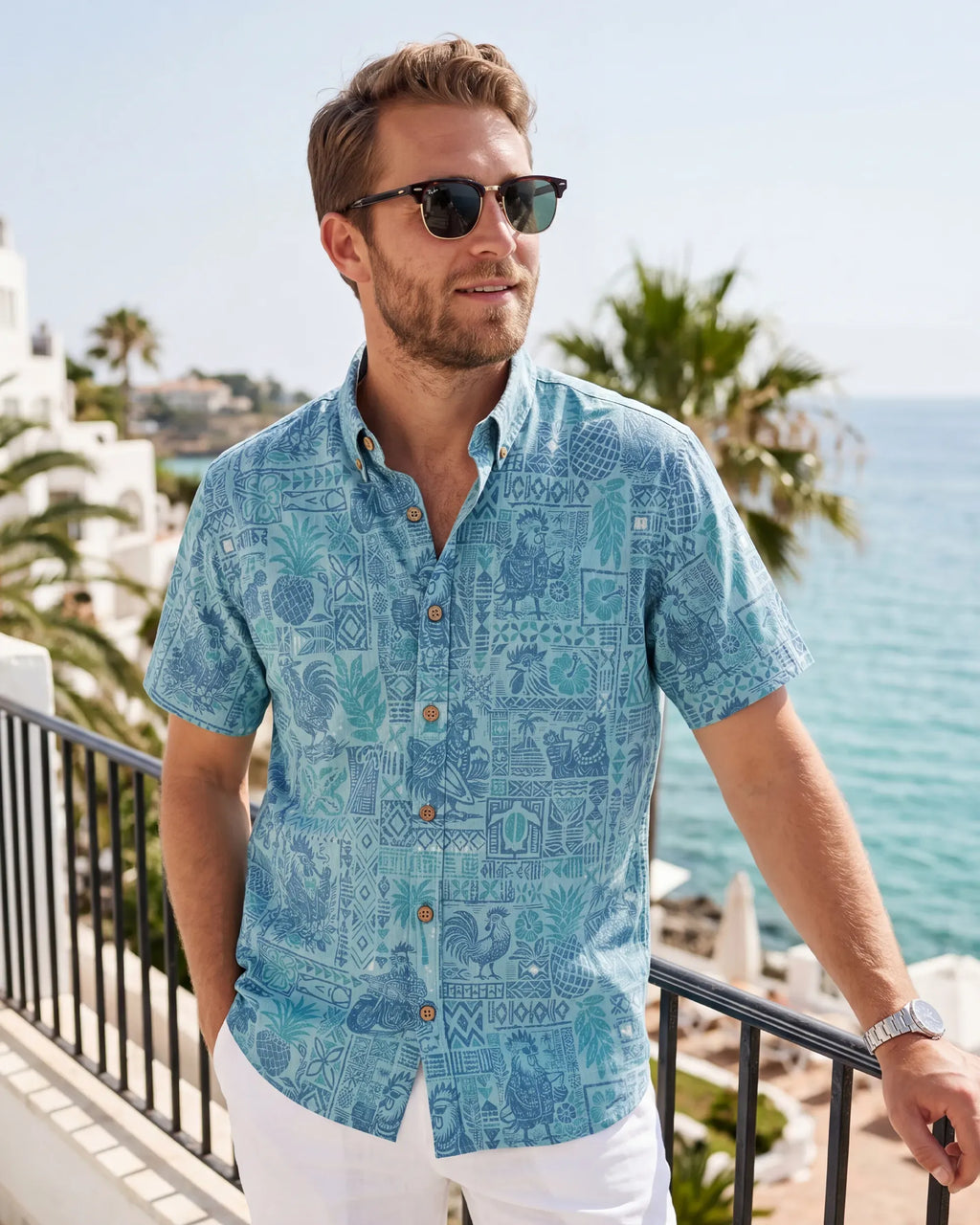 Men's Hawaiian Shirt Short Sleeve Button-down 100% Cotton Blue Rooster Aloha The Bone Voyage