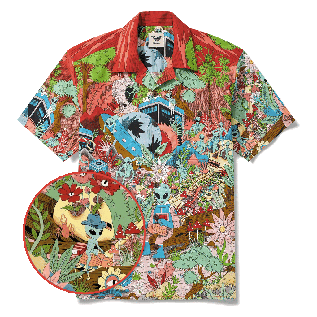 Men's Hawaiian Shirt Short Sleeve Camp Collar 100% Cotton Green Aloha Alien Galactic Garden