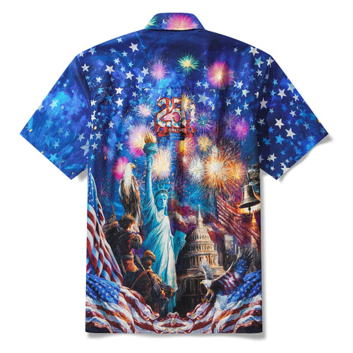 America 250 Men's Hawaiian Shirt Short Sleeve Button-down 100% Cotton Blue Aloha Starry Night Fireworks 250 Celebration