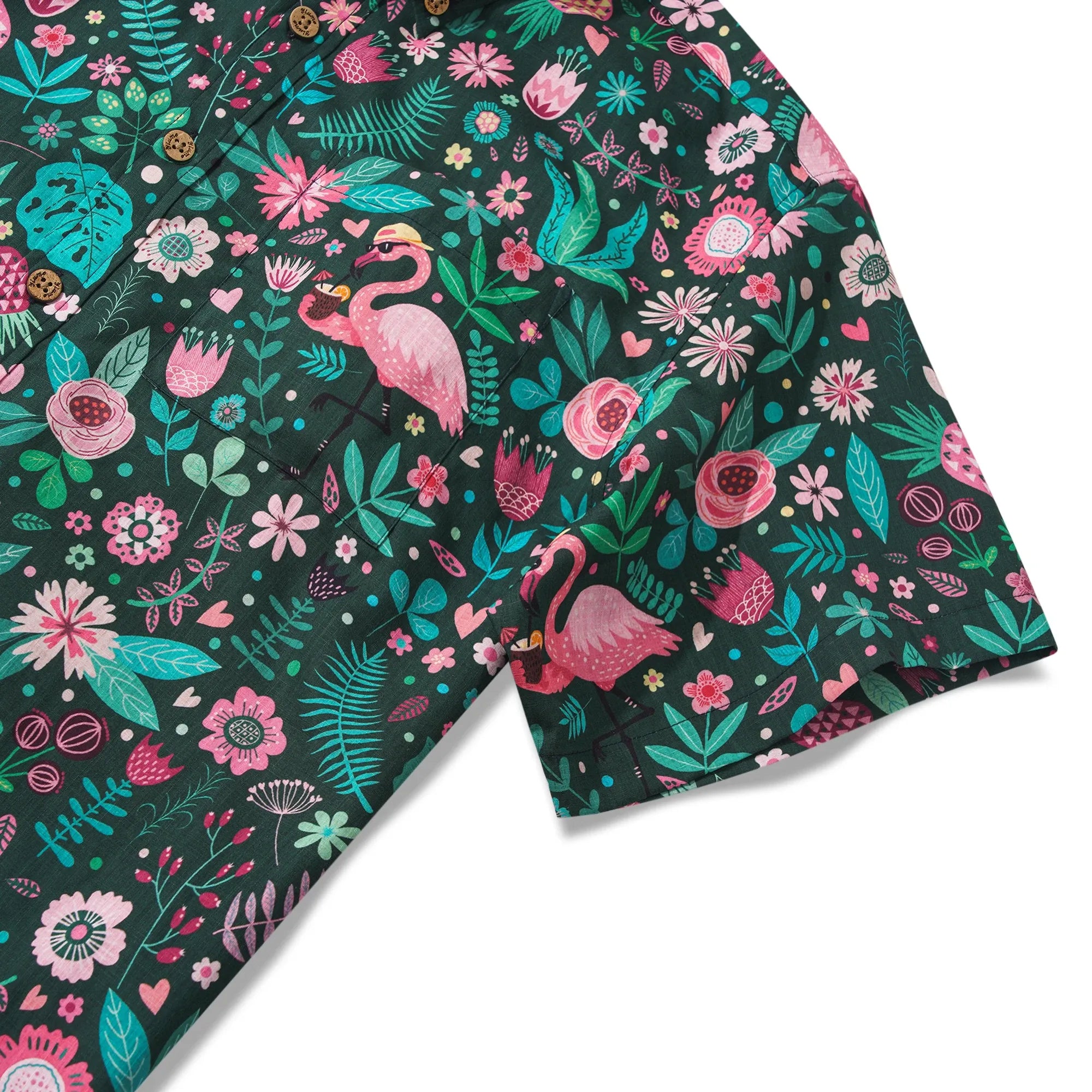 Men's Hawaiian Shirt Short Sleeve Button-down 100% Cotton Green Aloha Blush in the Jungle Flamingo