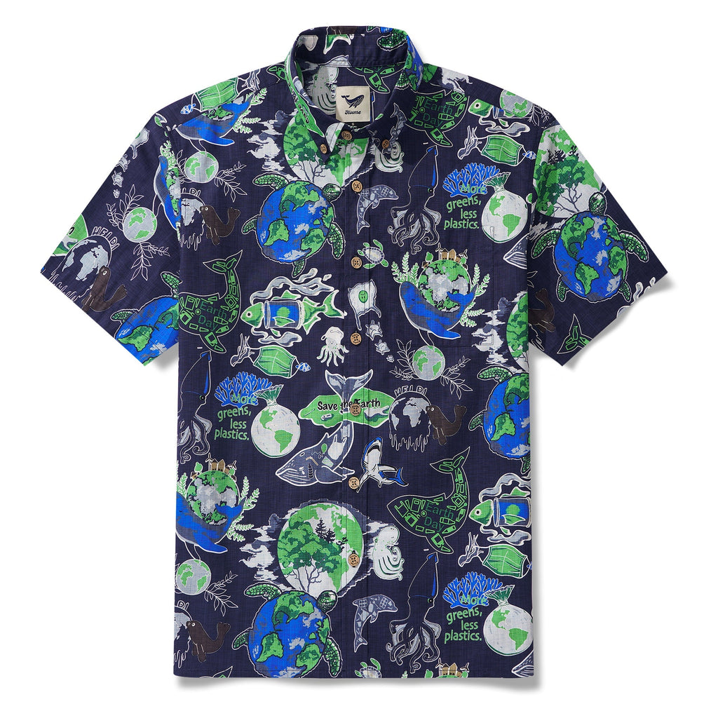 Men's Hawaiian Shirt Short Sleeve Button-down 100% Cotton Aloha Save Earth