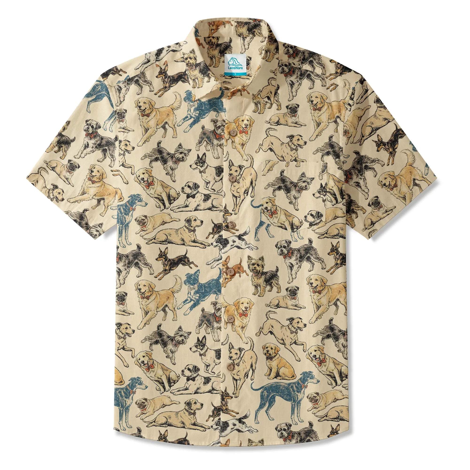 LeosWare® Dog Men's Hawaiian Shirt Short Sleeve Button-up 100% Cotton Yellow Aloha Dog Bow Tie Set