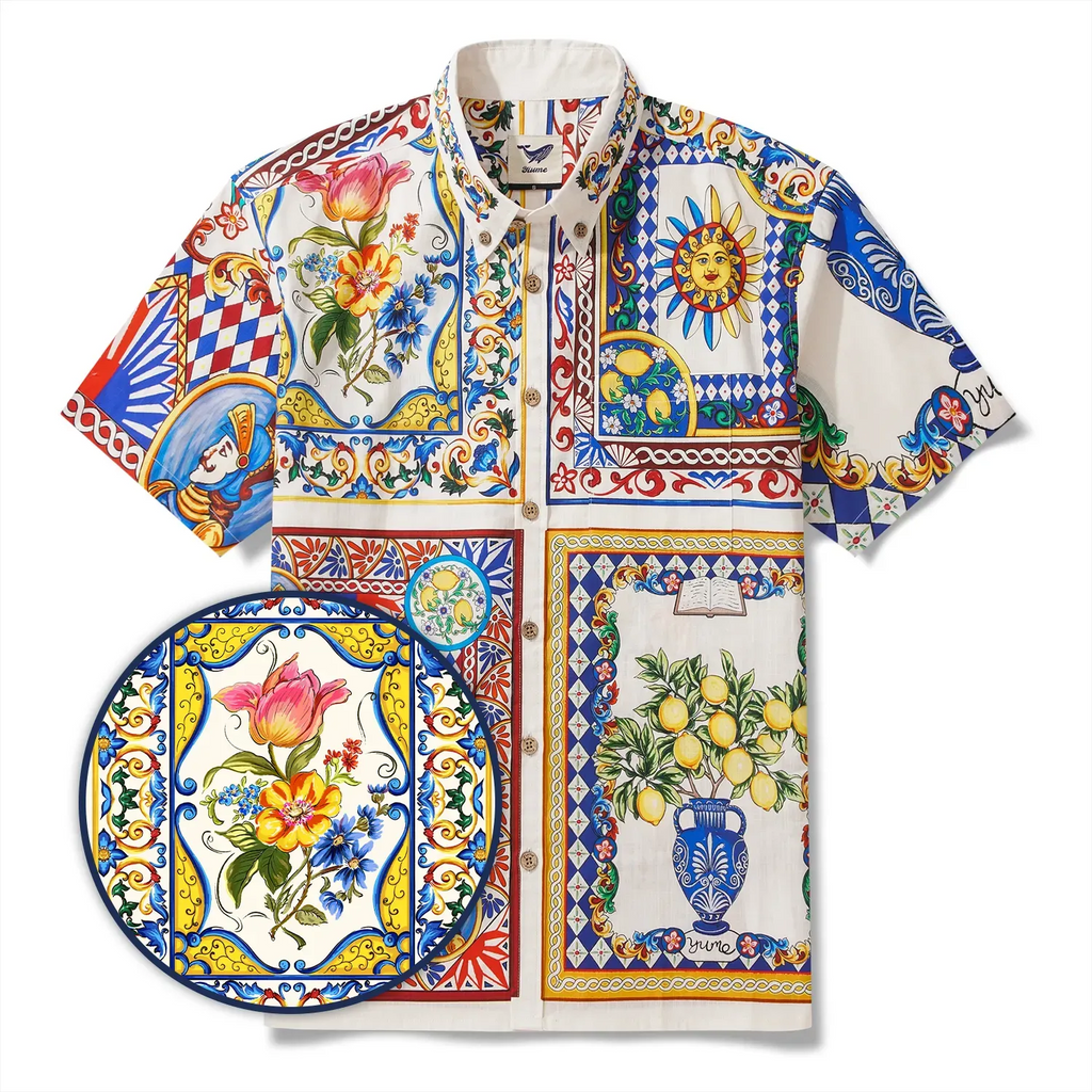Men's Hawaiian Shirt Short Sleeve Button-down 100% Cotton Blue Flower Aloha Lemon Sicily Venice