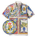 Men's Hawaiian Shirt Short Sleeve Button-down 100% Cotton Blue Flower Aloha Lemon Sicily Venice