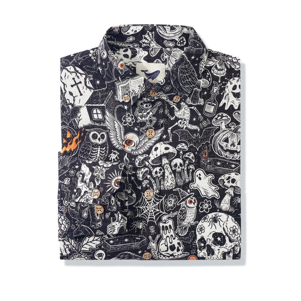 Halloween Gift Men's Hawaiian Shirt Long Sleeve Button-down 100% Cotton Black Aloha Halloween Bash
