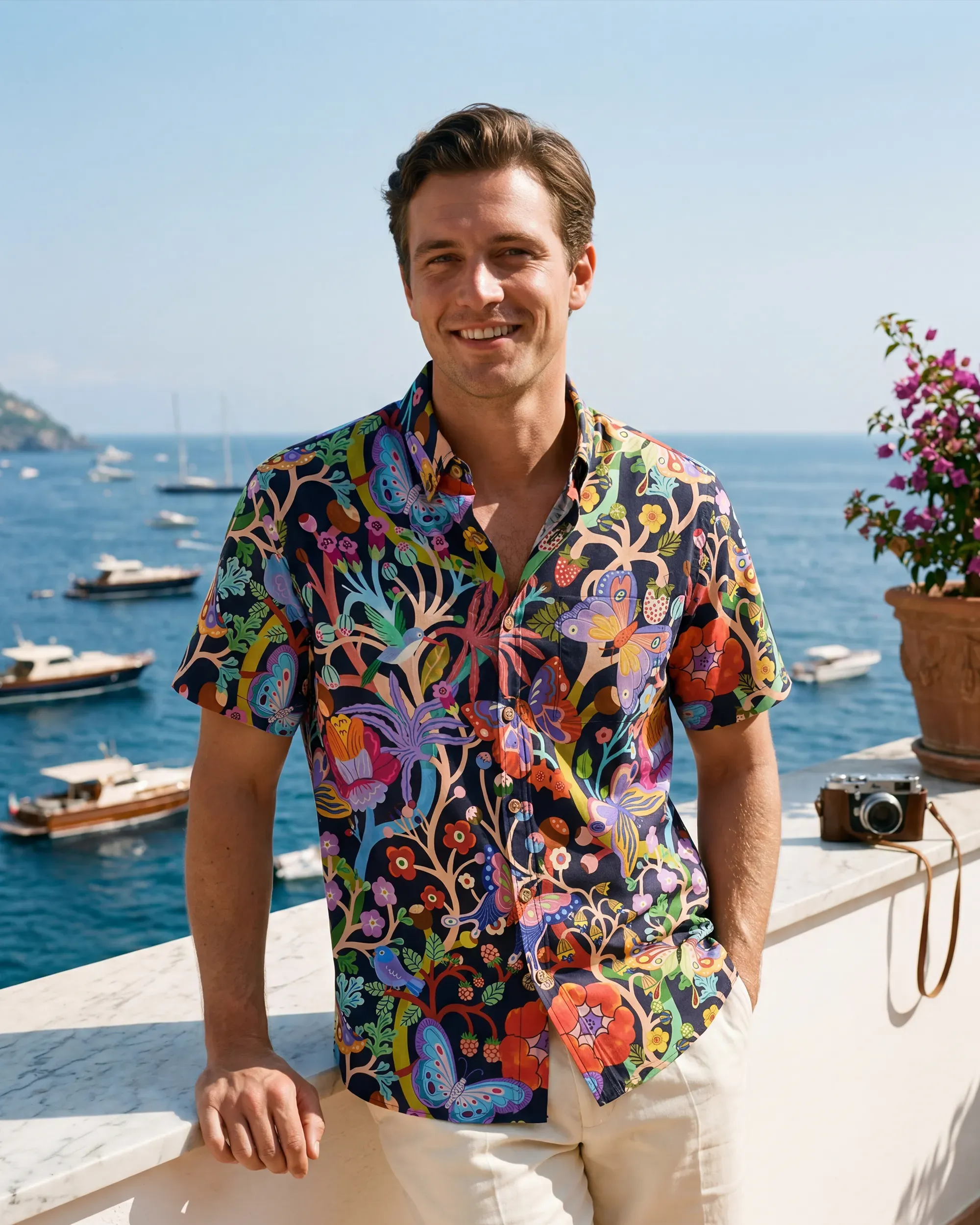 Men's Hawaiian Shirt Short Sleeve Button-down 100% Cotton Blue Aloha Dusk Butterfly Dance