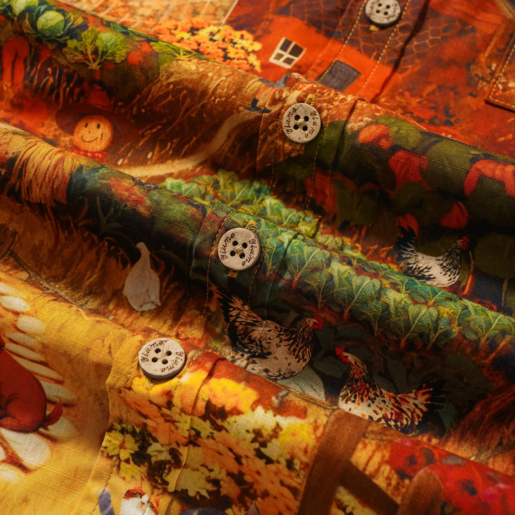Men's Hawaiian Shirt Short Sleeve Button-down 100% Cotton Yellow Aloha Autumn Countryside Charms Fall Apple Cat Dog Countryside Yard Harvest