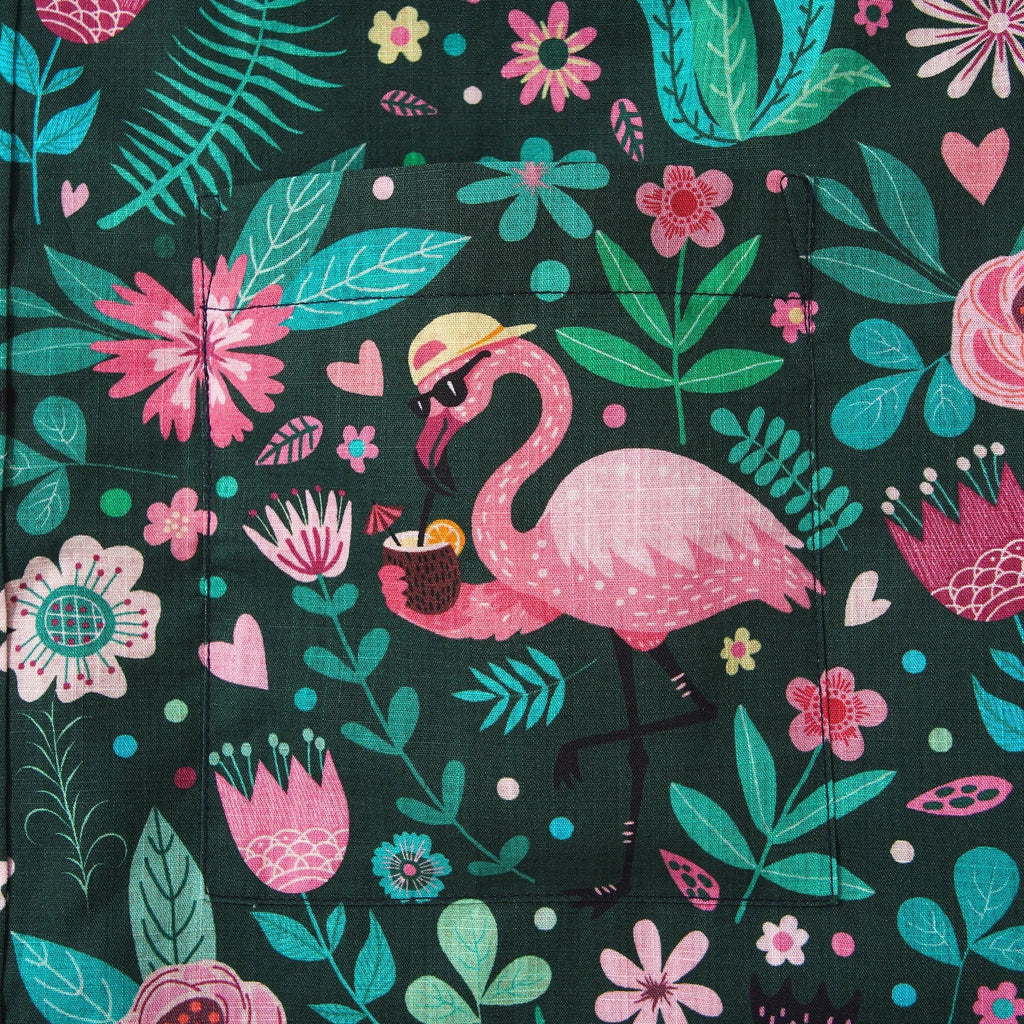 Men's Hawaiian Shirt Short Sleeve Button-down 100% Cotton Green Aloha Blush in the Jungle Flamingo