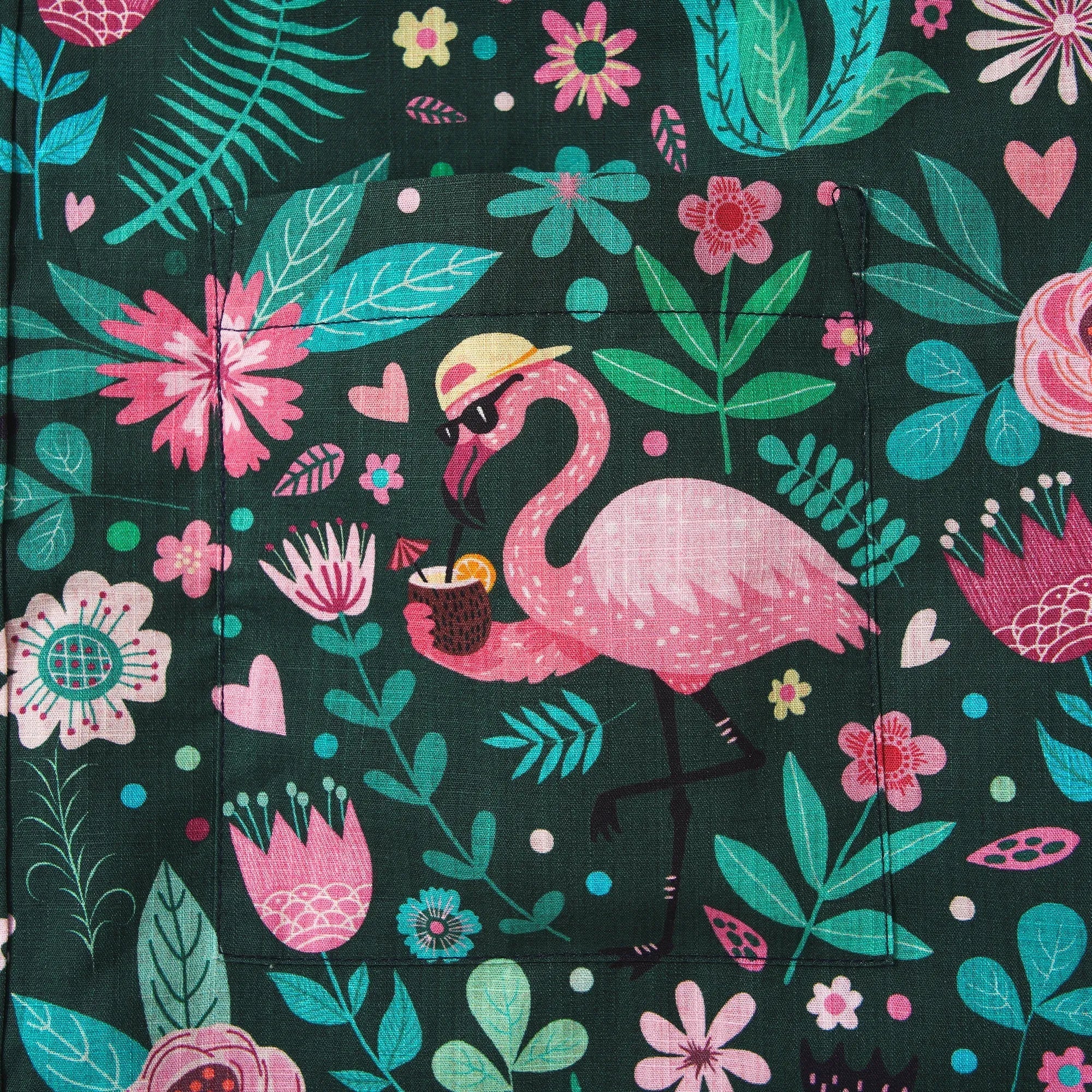 Men's Hawaiian Shirt Short Sleeve Button-down 100% Cotton Green Aloha Blush in the Jungle Flamingo