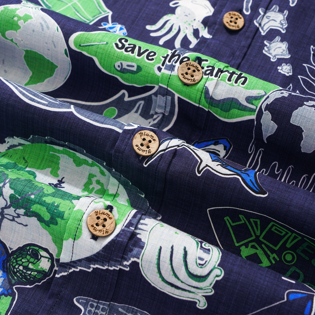 Men's Hawaiian Shirt Short Sleeve Button-down 100% Cotton Aloha Save Earth