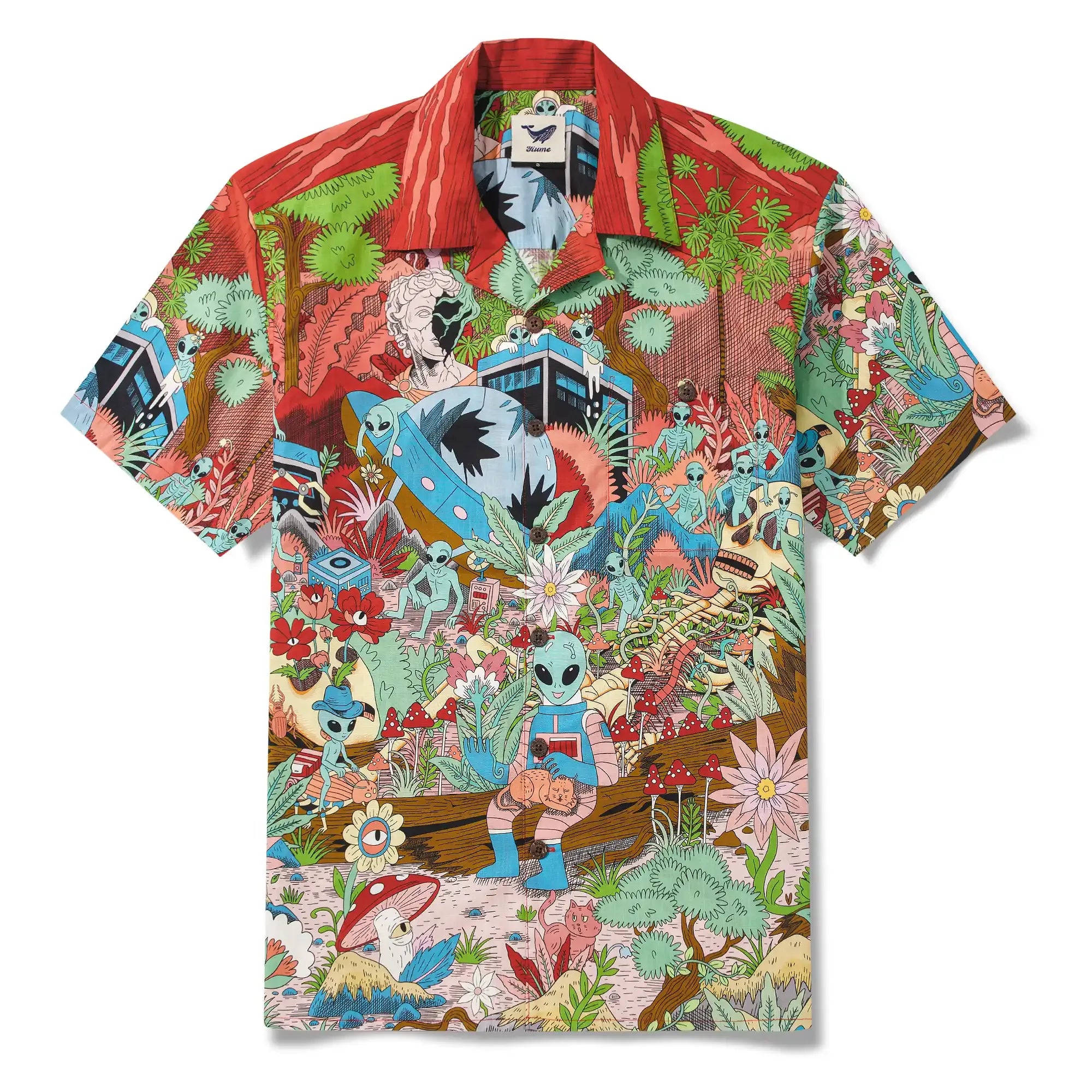 Men's Hawaiian Shirt Short Sleeve Camp Collar 100% Cotton Green Aloha Alien Galactic Garden