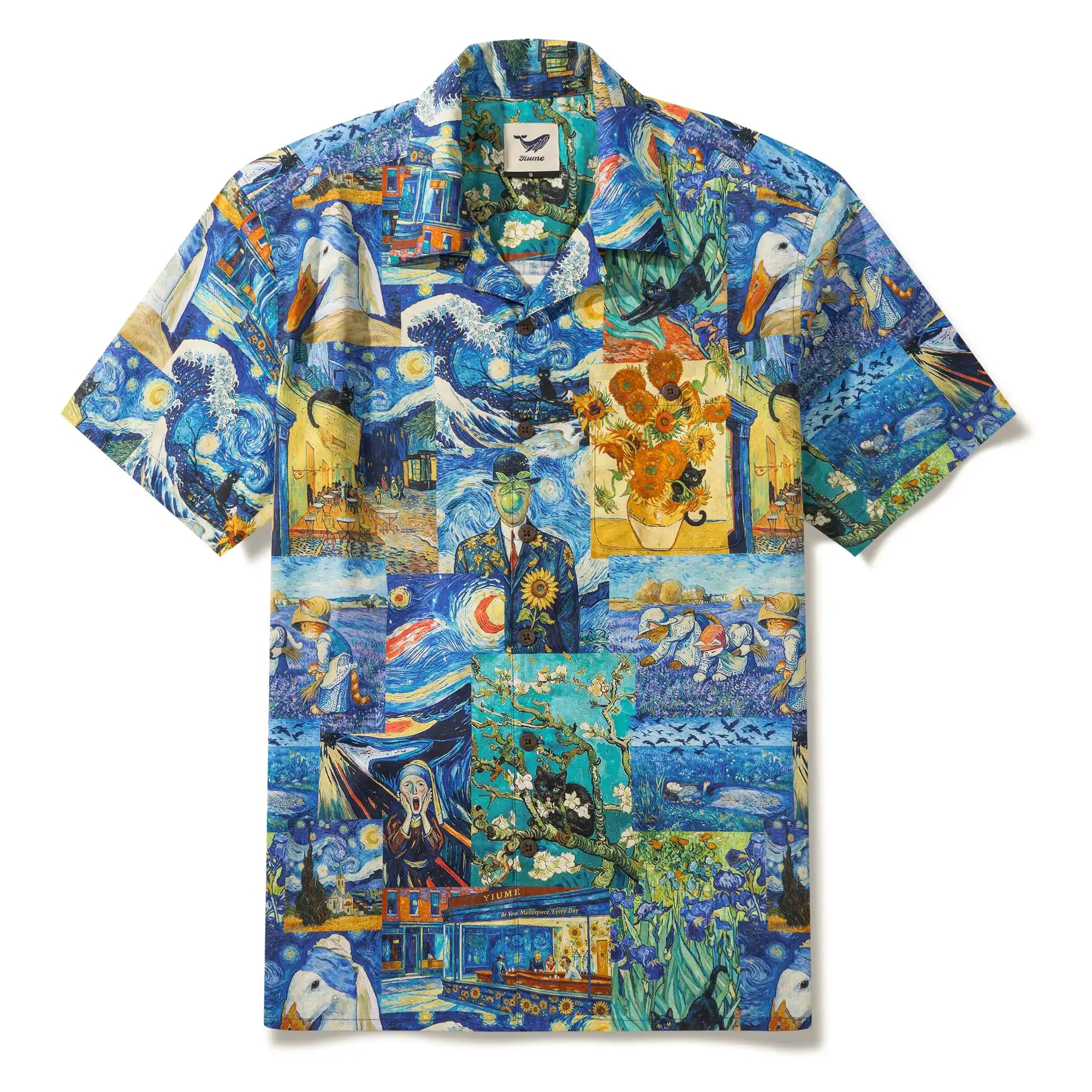 Men's Hawaiian Shirt Short Sleeve Camp Collar 100% Cotton Blue Aloha Starry Night Cat Fantasy