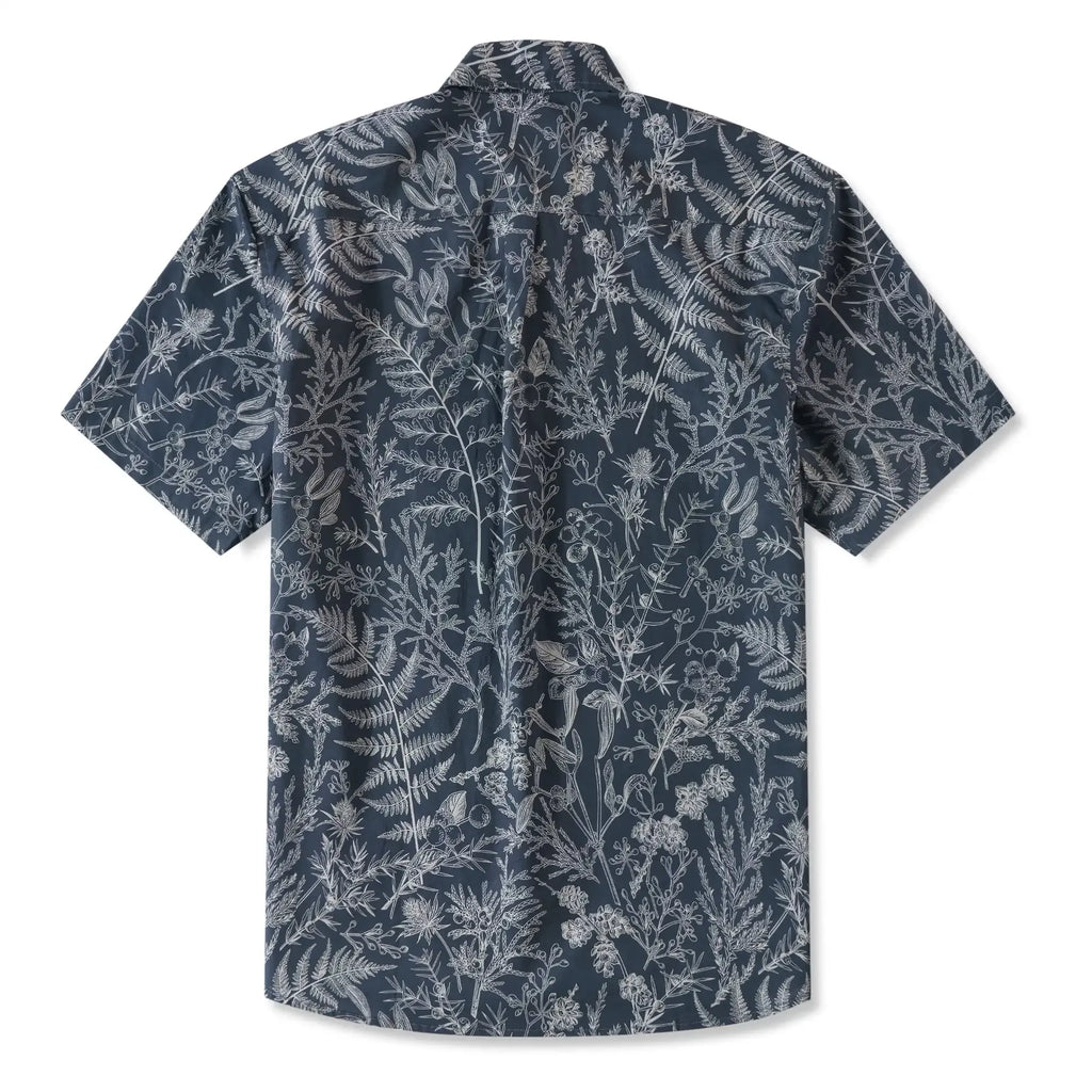 LeosWare® Men's Hawaiian Shirt Short Sleeve Button-up 100% Cotton Blue Aloha Enchanted Fern Grove Journal