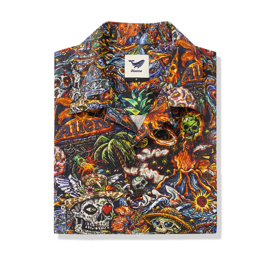 Men's Hawaiian Shirt Short Sleeve Camp Collar 100% Cotton Red Aloha Intergalactic Luau Graffiti