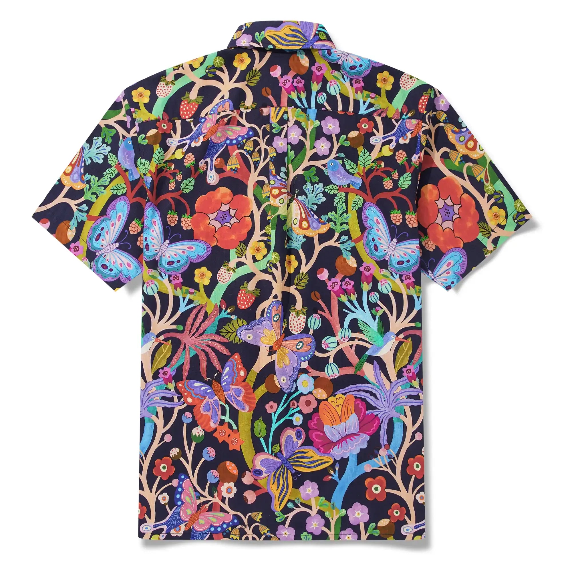 Men's Hawaiian Shirt Short Sleeve Button-down 100% Cotton Blue Aloha Dusk Butterfly Dance