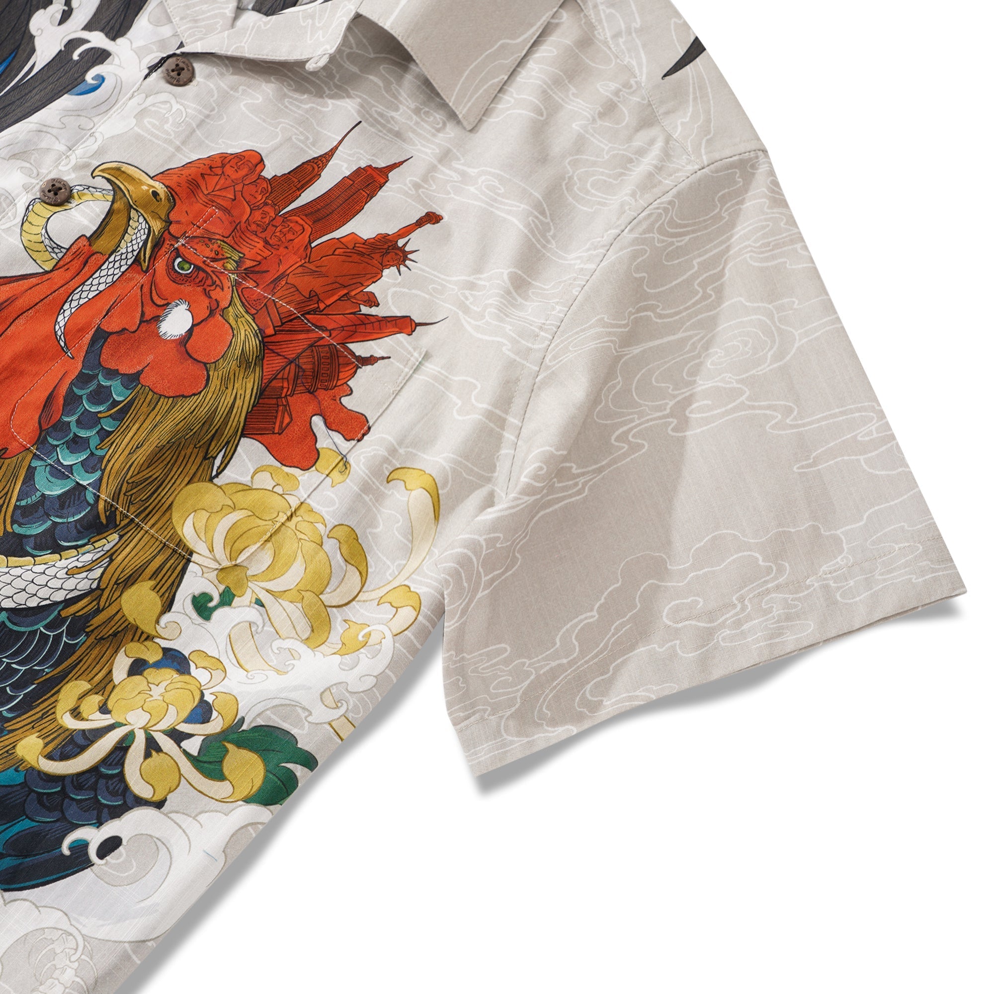 Men's Hawaiian Shirt 100% Cotton Short Sleeve Camp Collar Shirt Rooster and Japanese ukiyo-e Shirt