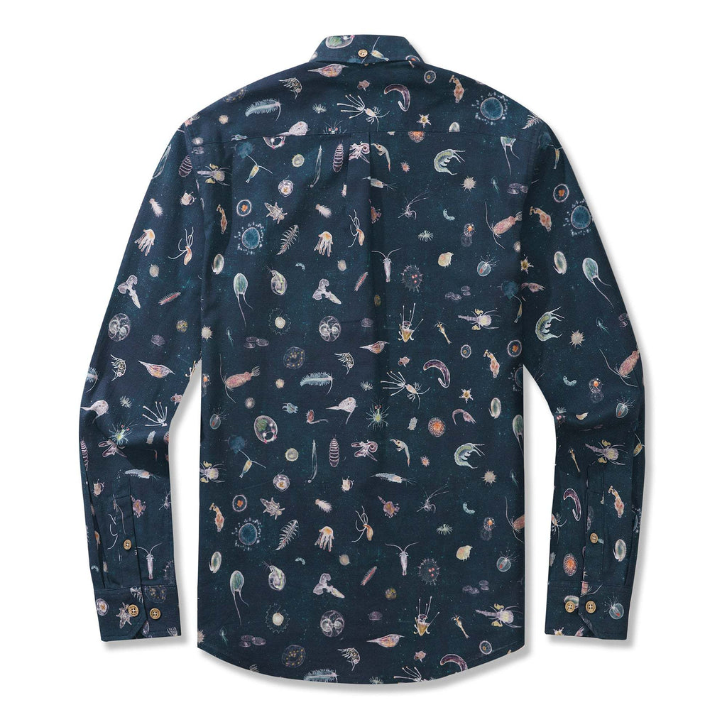 Plankton By Katherine Quinn 100% Cotton Men's Long Sleeve Button-down Shirt Blue Aloha Hawaiian