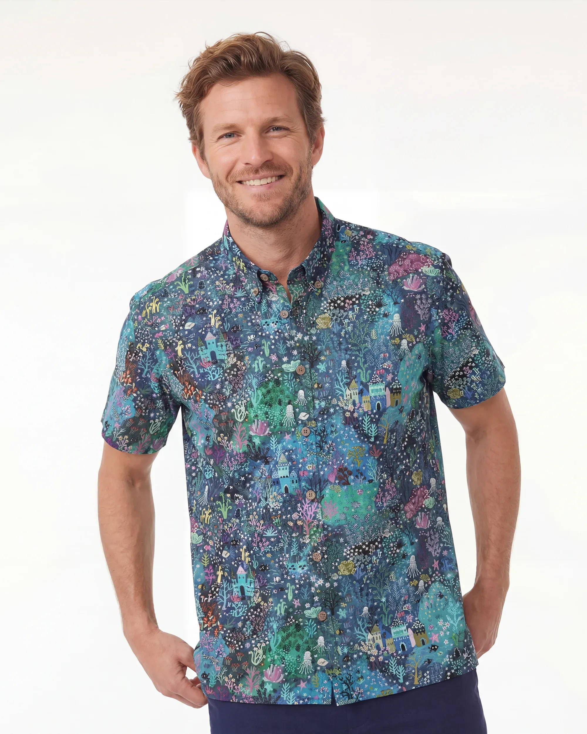 Men's Hawaiian Shirt Short Sleeve Button-down 100% Cotton Blue Aloha Enchanted Underwater World