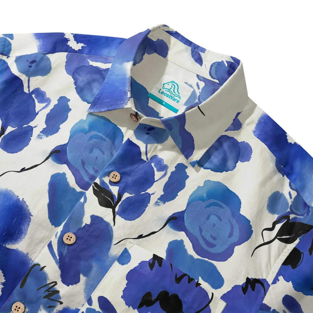 LeosWare® Men's Hawaiian Shirt Short Sleeve Button-up 100% Cotton Blue Aloha Ink Blue Florals